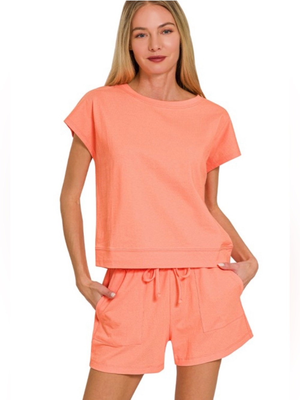 Zenana Short Sleeve Shorts Set 100% Cotton